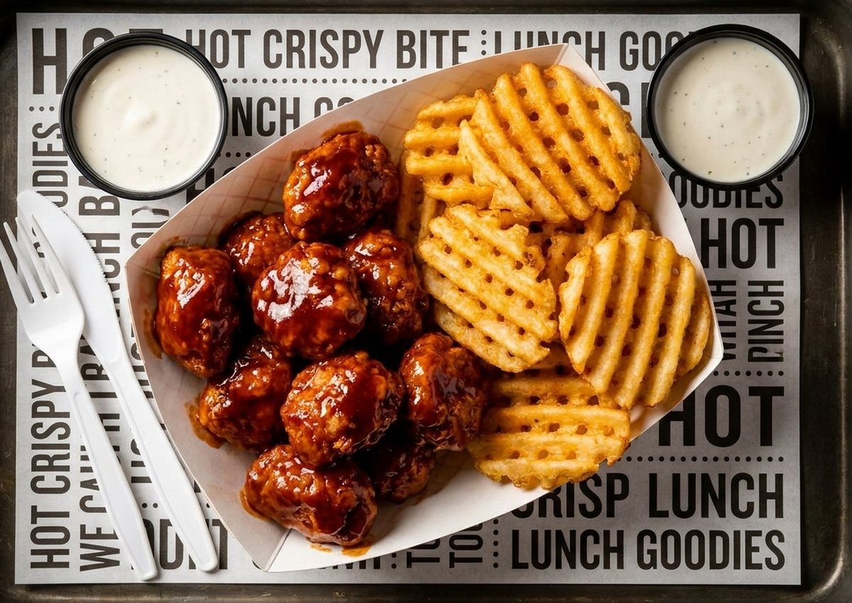 Boneless wings and waffle fries ready for online ordering