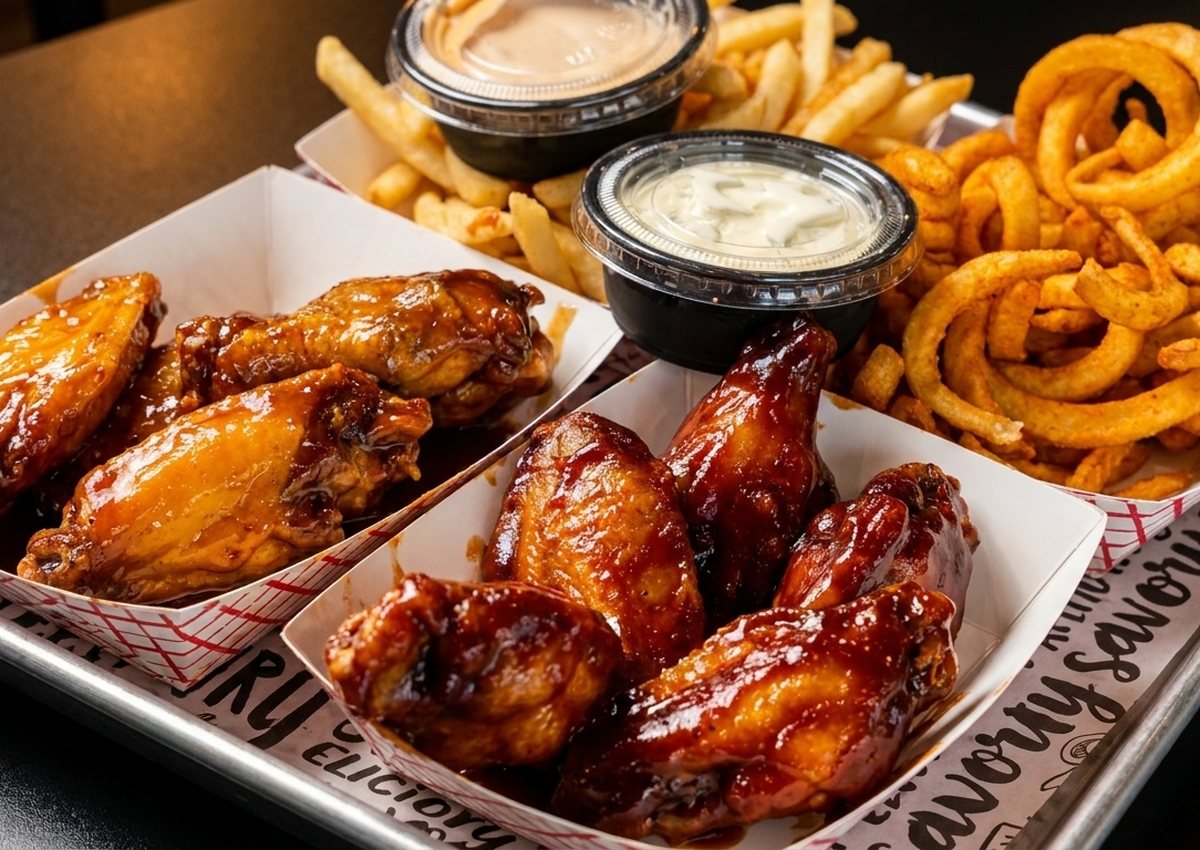 Sauced wings with fries and onion rings
